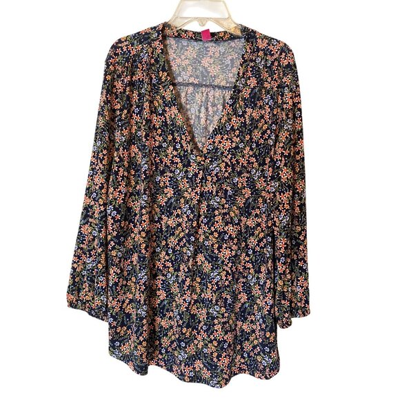 Vince Camuto Floral V-Neck Long Sleeve Blouse Navy Orange Green Blue Large - Picture 1 of 8